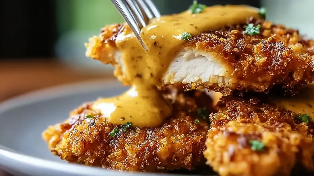 Pretzel Chicken with Mustard-Cheddar Sauce