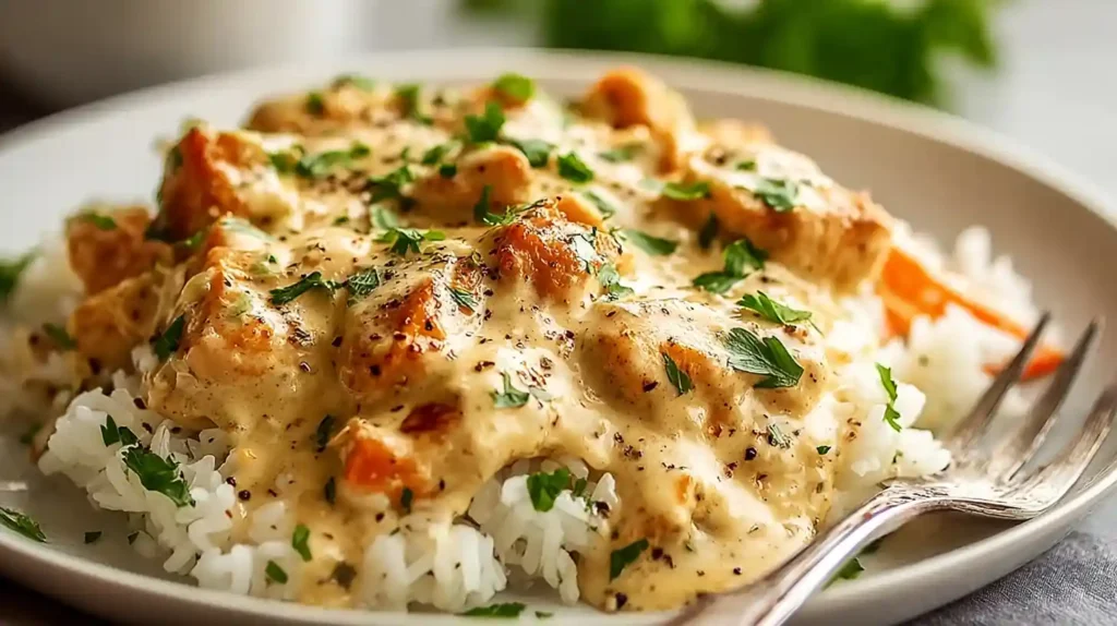 CREAMY SMOTHERED CHICKEN AND RICE