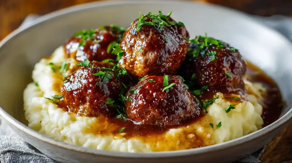 Salisbury Steak Meatballs With Garlic Herb Mashed Potatoes