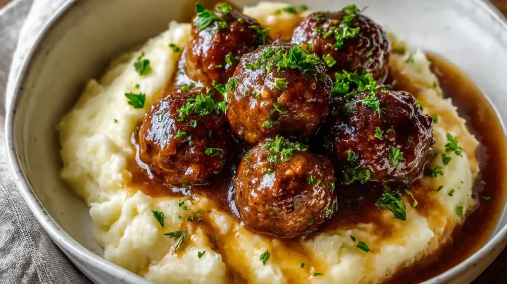 Salisbury Steak Meatballs With Garlic Herb Mashed Potatoes