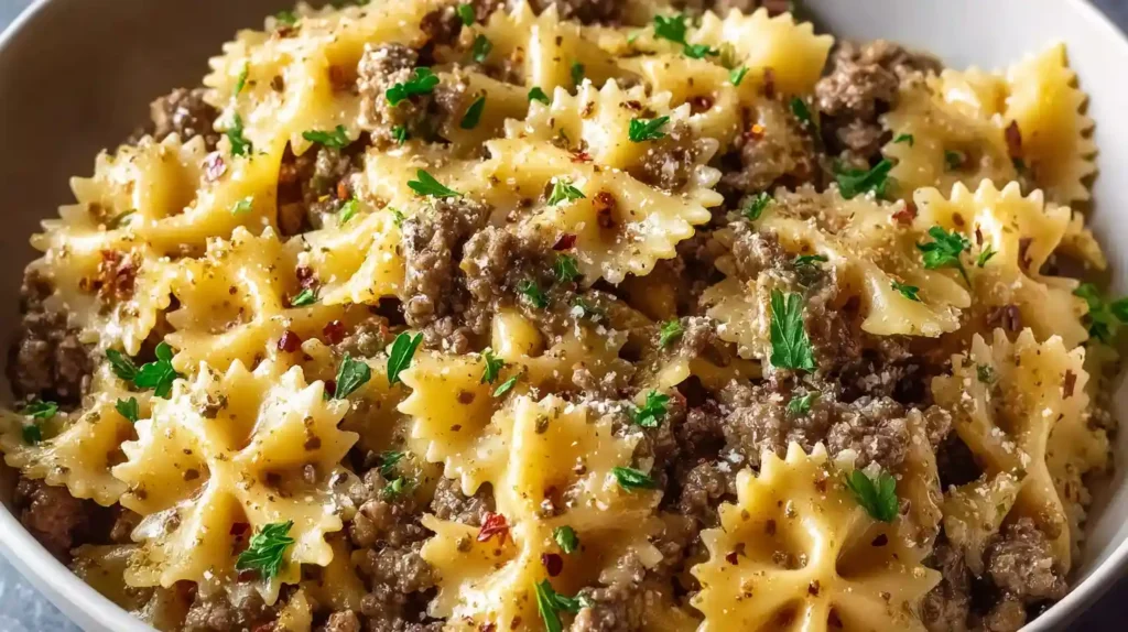 Garlic Butter Bowtie Pasta with Beef