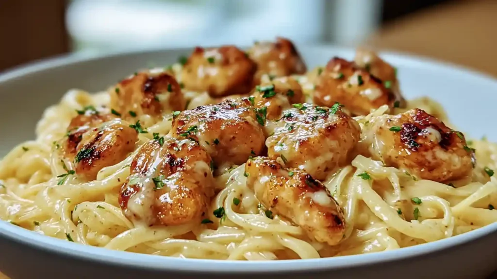 Garlic Butter Chicken Bites with Savory Creamy Parmesan Pasta