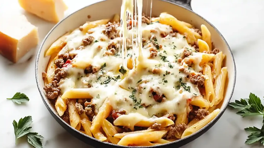 Cheesy Penne with Garlic Butter Ground Beef