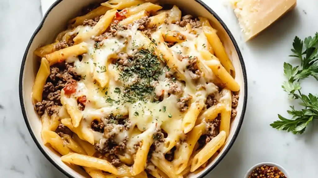 Cheesy Penne with Garlic Butter Ground Beef