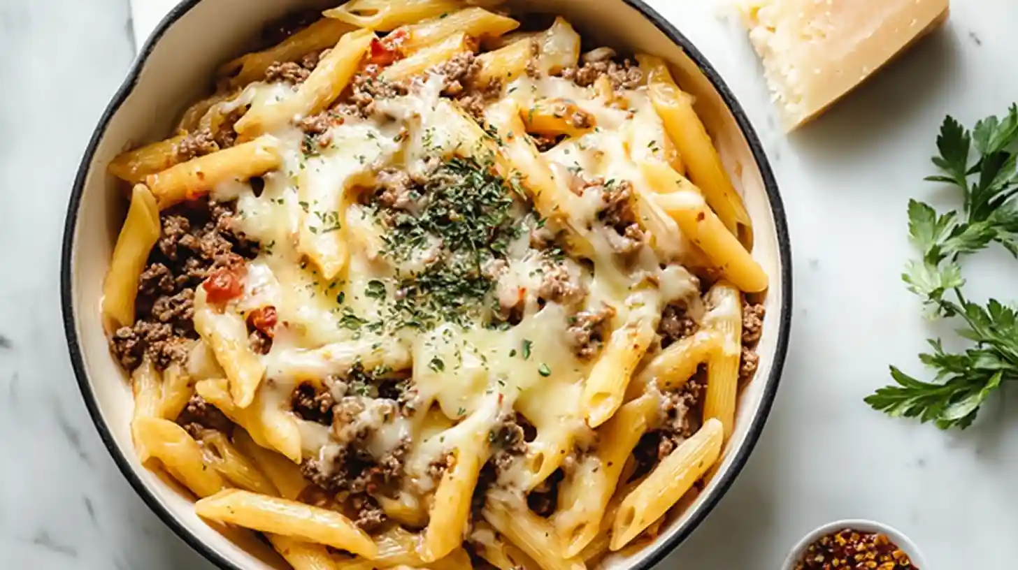 Cheesy Penne with Garlic Butter Ground Beef