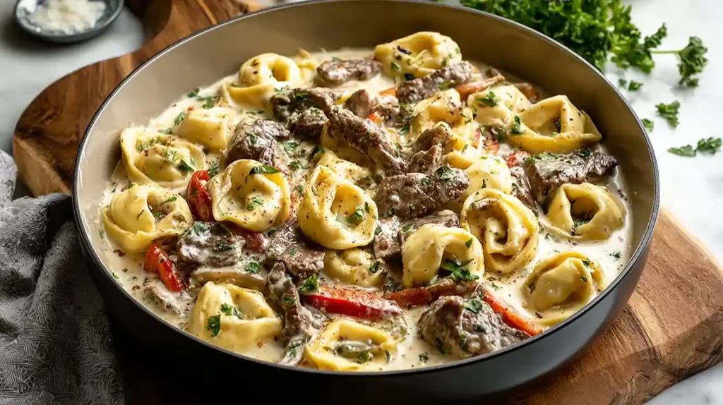 Cheesesteak Tortellini in Creamy Provolone Sauce