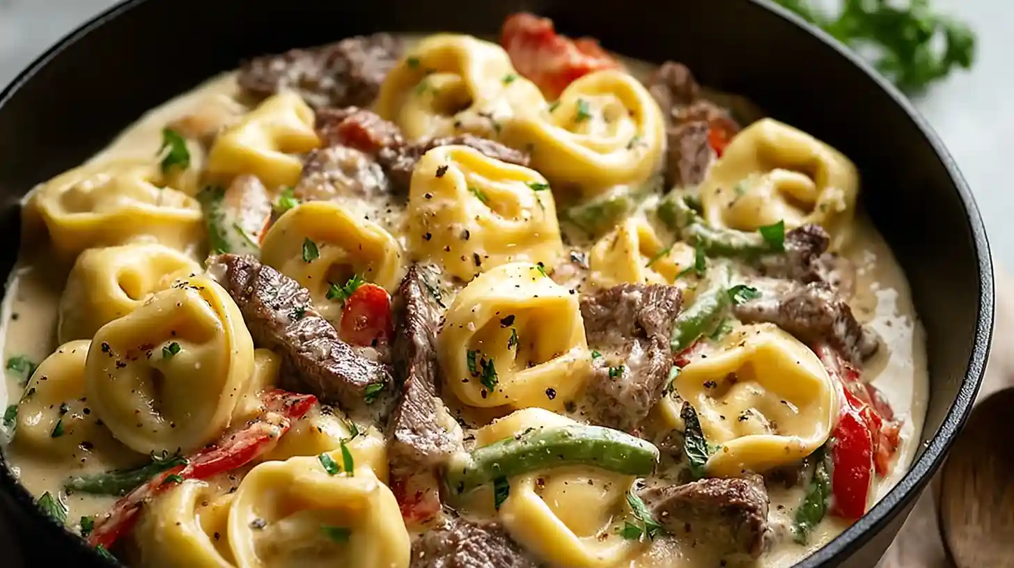 Cheesesteak Tortellini in Creamy Provolone Sauce