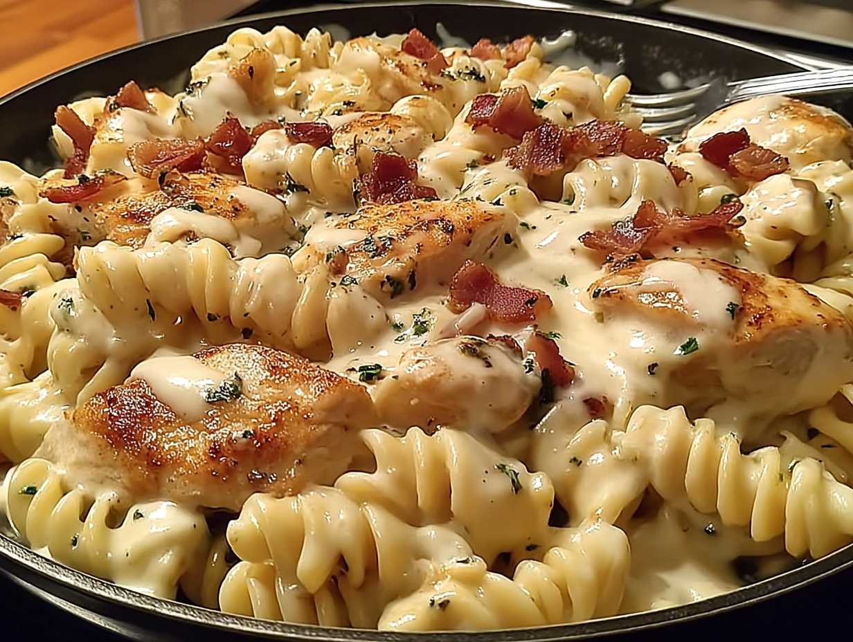 A bowl of creamy chicken bacon ranch pasta with fresh parsley garnish.